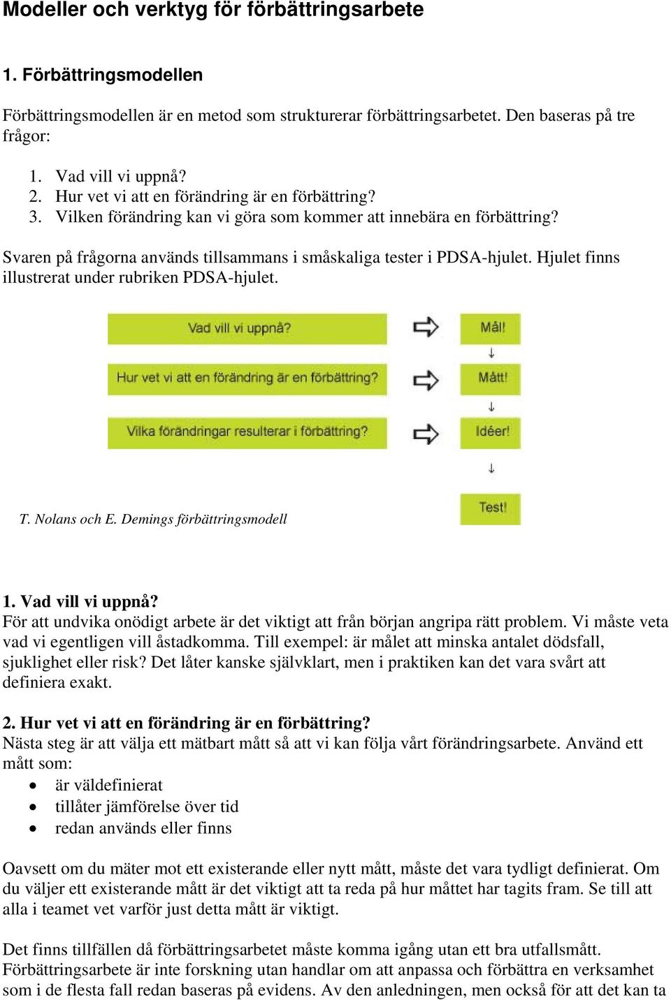 Hjulet finns illustrerat under rubriken PDSA-hjulet. T. Nolans och E. Demings förbättringsmodell 1. Vad vill vi uppnå?