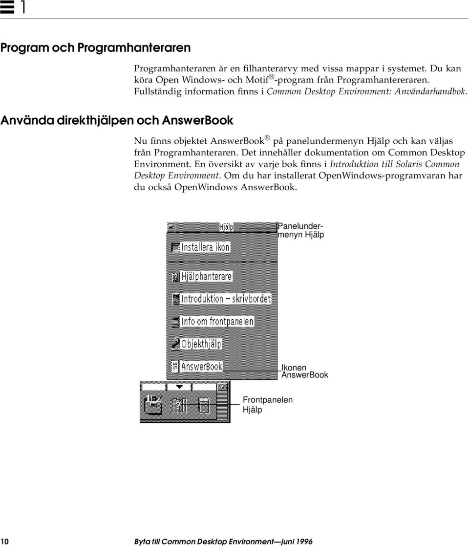 Använda direkthjälpen och AnswerBook Nu finns objektet AnswerBook på panelundermenyn Hjälp och kan väljas från Programhanteraren.