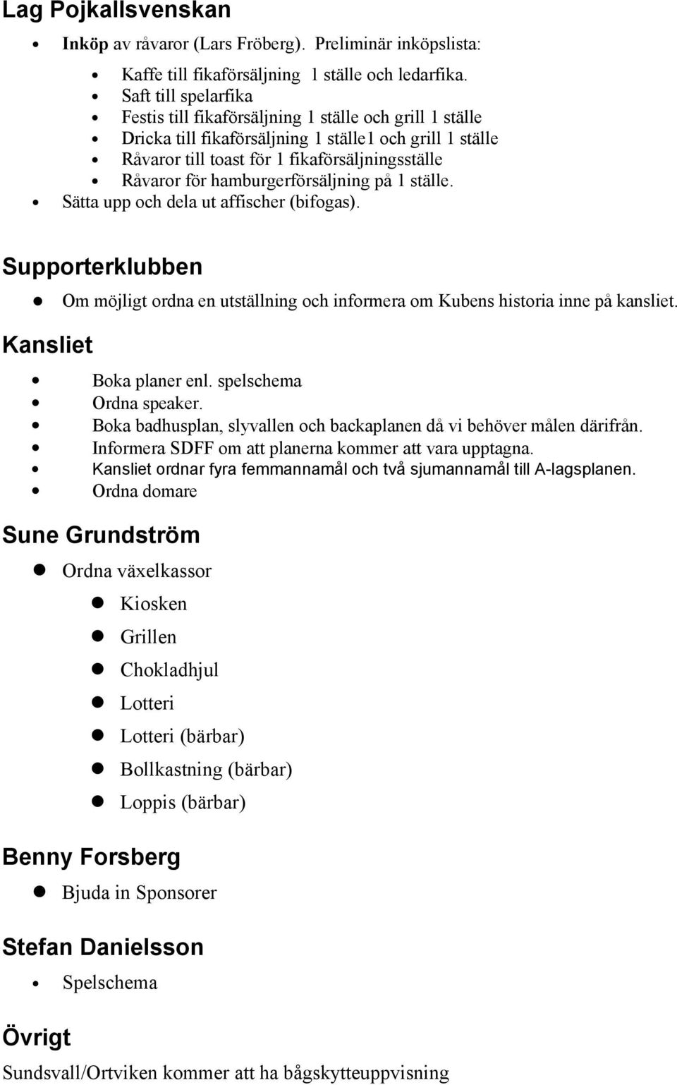 hamburgerförsäljning på 1 ställe. Supporterklubben Kansliet Om möjligt ordna en utställning och informera om Kubens historia inne på kansliet. Boka planer enl. spelschema Ordna speaker.