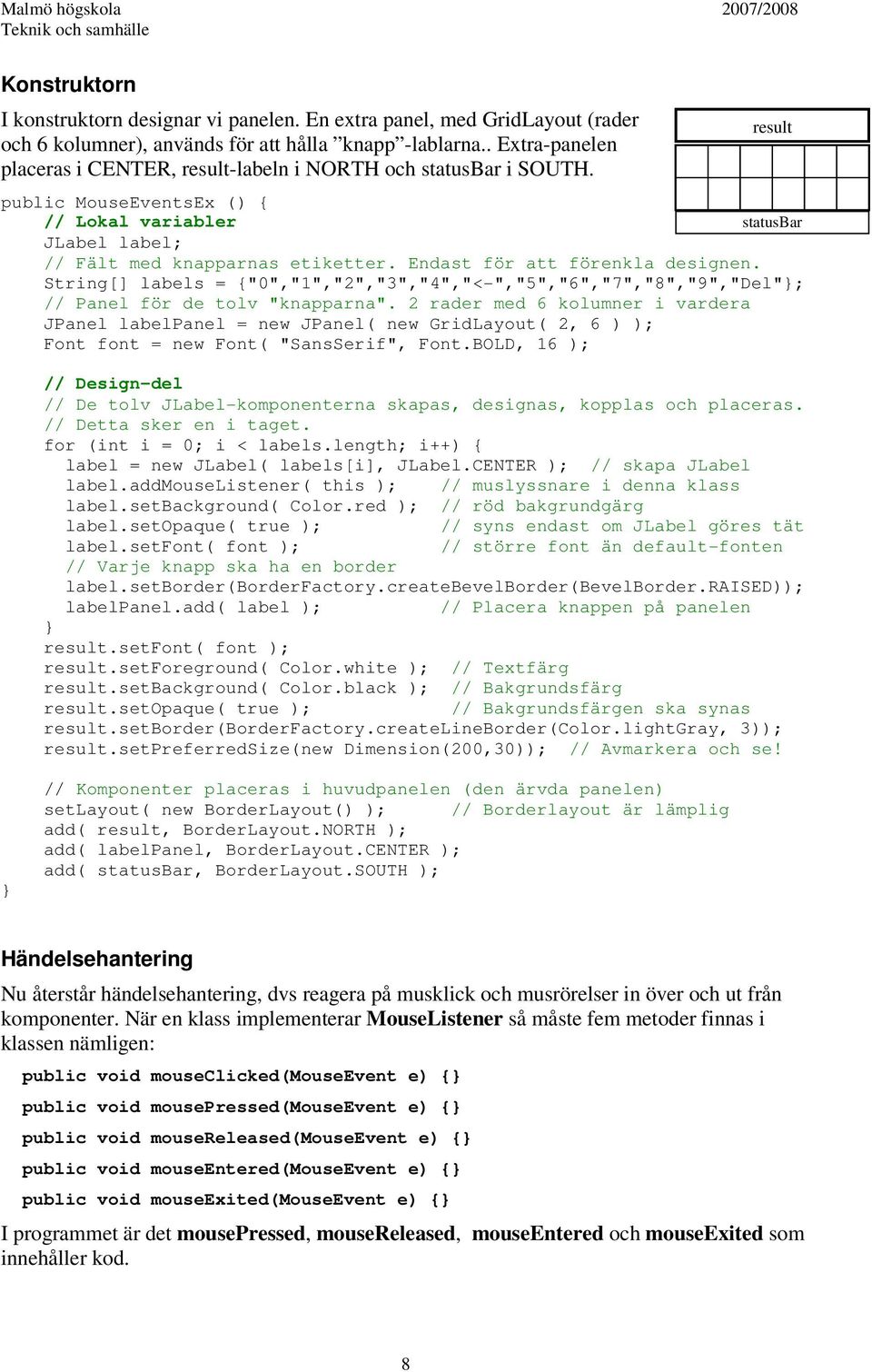 Endast för att förenkla designen. String[] labels = {"0","1","2","3","4","<-","5","6","7","8","9","Del"; // Panel för de tolv "knapparna".