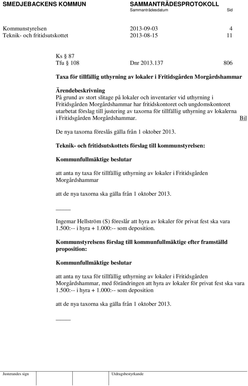 fritidskontoret och ungdomskontoret utarbetat förslag till justering av taxorna för tillfällig uthyrning av lokalerna i Fritidsgården Morgårdshammar. De nya taxorna föreslås gälla från 1 oktober 2013.