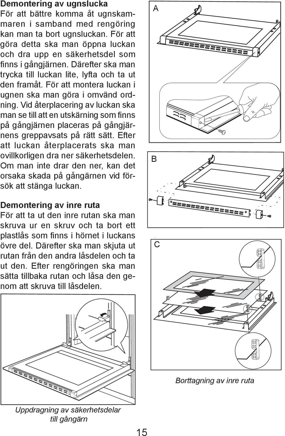 För att montera luckan i ugnen ska man göra i omvänd ordning. Vid återplacering av luckan ska man se till att en utskärning som finns på gångjärnen placeras på gångjärnens greppavsats på rätt sätt.