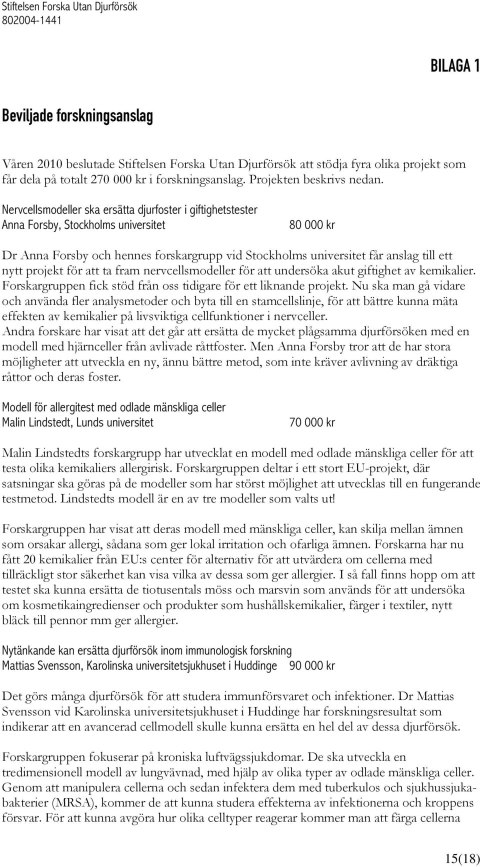 projekt för att ta fram nervcellsmodeller för att undersöka akut giftighet av kemikalier. Forskargruppen fick stöd från oss tidigare för ett liknande projekt.