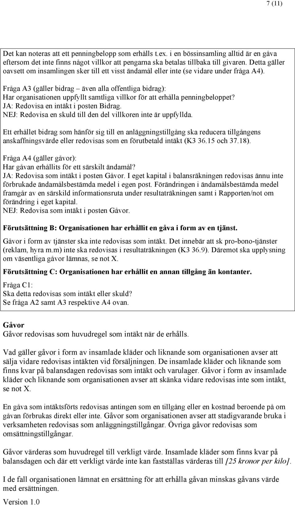 Fråga A3 (gäller bidrag även alla offentliga bidrag): Har organisationen uppfyllt samtliga villkor för att erhålla penningbeloppet? JA: Redovisa en intäkt i posten Bidrag.