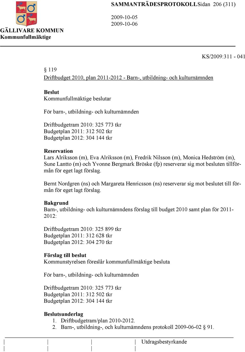 Bergmark Bröske (fp) reserverar sig mot besluten tillförmån för eget lagt förslag. Bernt Nordgren (ns) och Margareta Henricsson (ns) reserverar sig mot beslutet till förmån för eget lagt förslag.