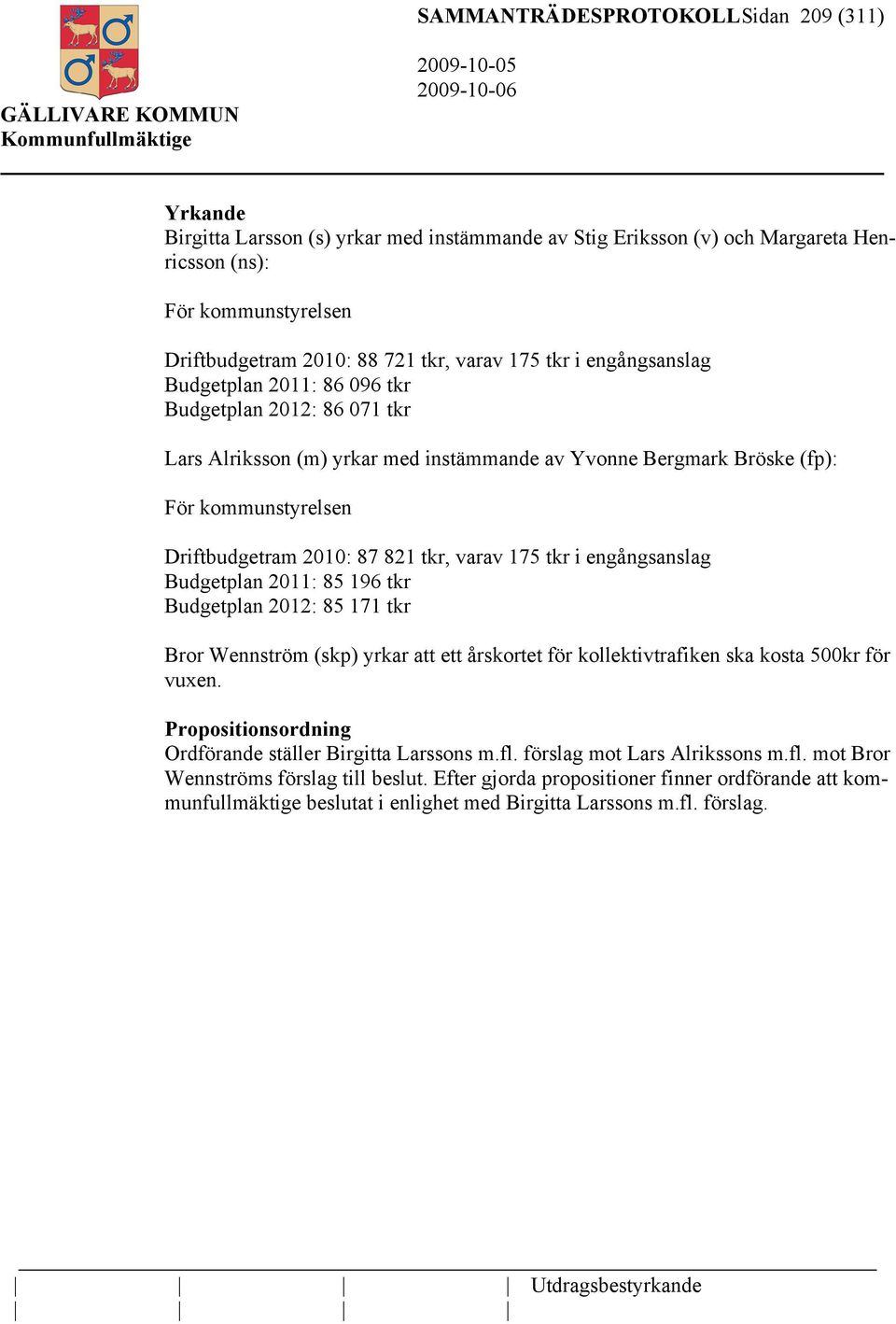 821 tkr, varav 175 tkr i engångsanslag Budgetplan 2011: 85 196 tkr Budgetplan 2012: 85 171 tkr Bror Wennström (skp) yrkar att ett årskortet för kollektivtrafiken ska kosta 500kr för vuxen.