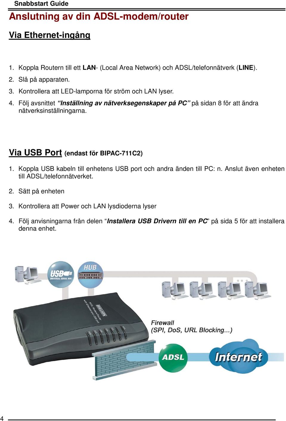 Följ avsnittet Inställning av nätverksegenskaper på PC på sidan 8 för att ändra nätverksinställningarna. Via USB Port (endast för BIPAC-711C2) 1.