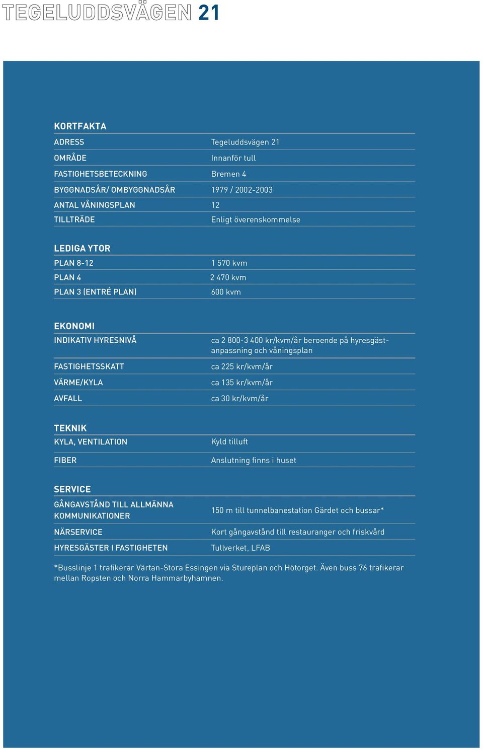 ca 225 kr/kvm/år ca 135 kr/kvm/år ca 30 kr/kvm/år TEKNIK KYLA, VENTILATION FIBER Kyld tilluft Anslutning finns i huset SERVICE GÅNGAVSTÅND TILL ALLMÄNNA KOMMUNIKATIONER NÄRSERVICE HYRESGÄSTER I