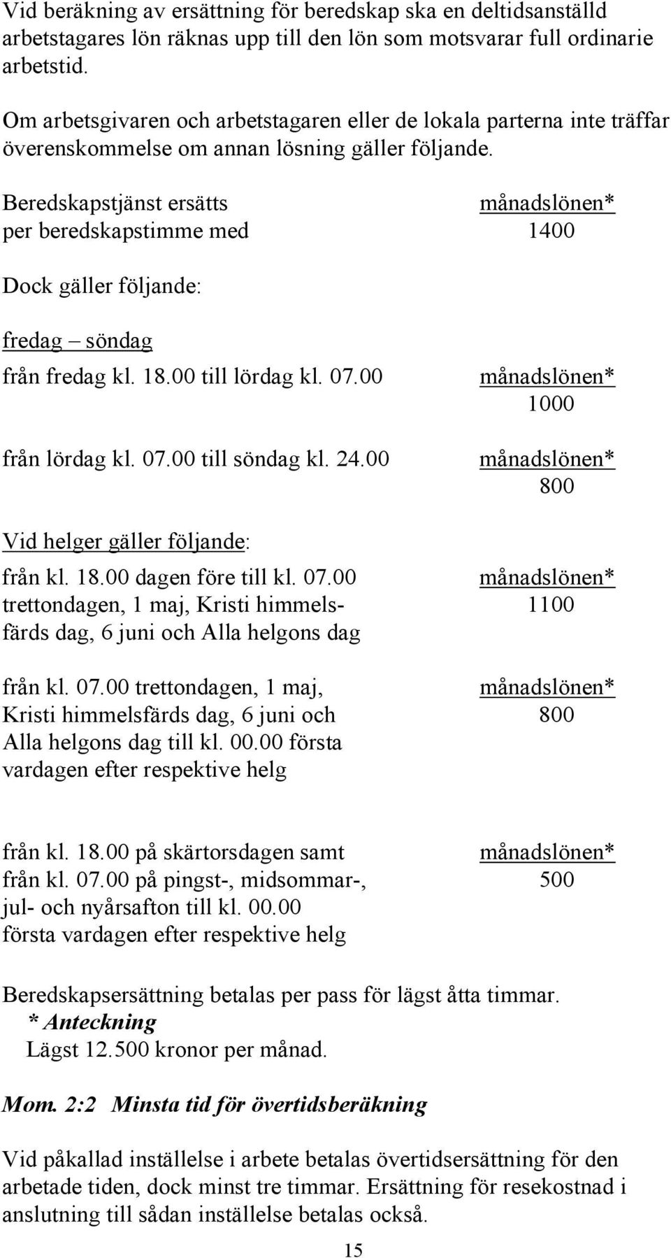 Beredskapstjänst ersätts månadslönen* per beredskapstimme med 1400 Dock gäller följande: fredag söndag från fredag kl. 18.00 till lördag kl. 07.00 från lördag kl. 07.00 till söndag kl. 24.