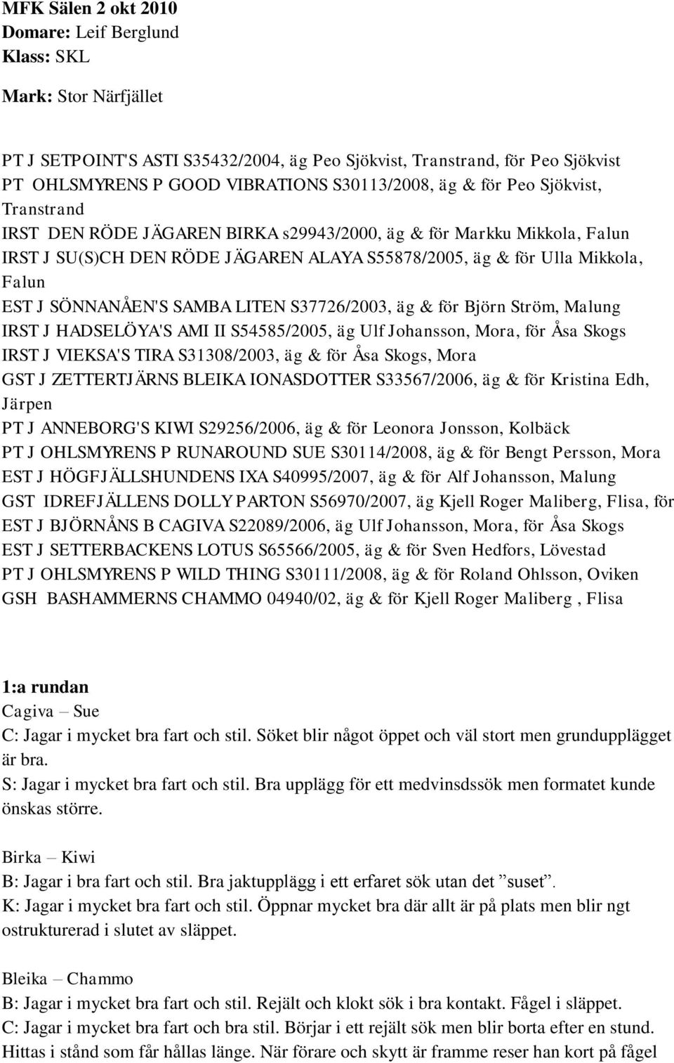 EST J SÖNNANÅEN'S SAMBA LITEN S37726/2003, äg & för Björn Ström, Malung IRST J HADSELÖYA'S AMI II S54585/2005, äg Ulf Johansson, Mora, för Åsa Skogs IRST J VIEKSA'S TIRA S31308/2003, äg & för Åsa