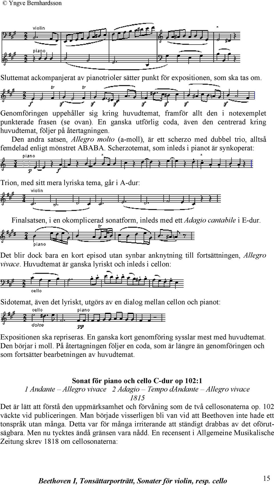 Scherzotemat, som inleds i pianot är synkoperat: Trion, med sitt mera lyriska tema, går i A-dur: Finalsatsen, i en okomplicerad sonatform, inleds med ett Adagio cantabile i E-dur.