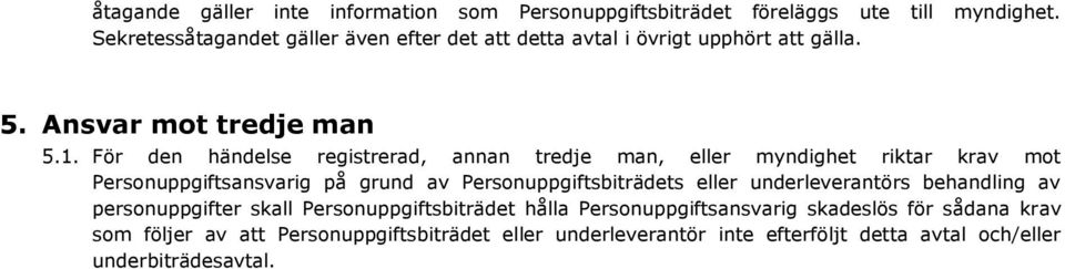 För den händelse registrerad, annan tredje man, eller myndighet riktar krav mot Personuppgiftsansvarig på grund av Personuppgiftsbiträdets eller