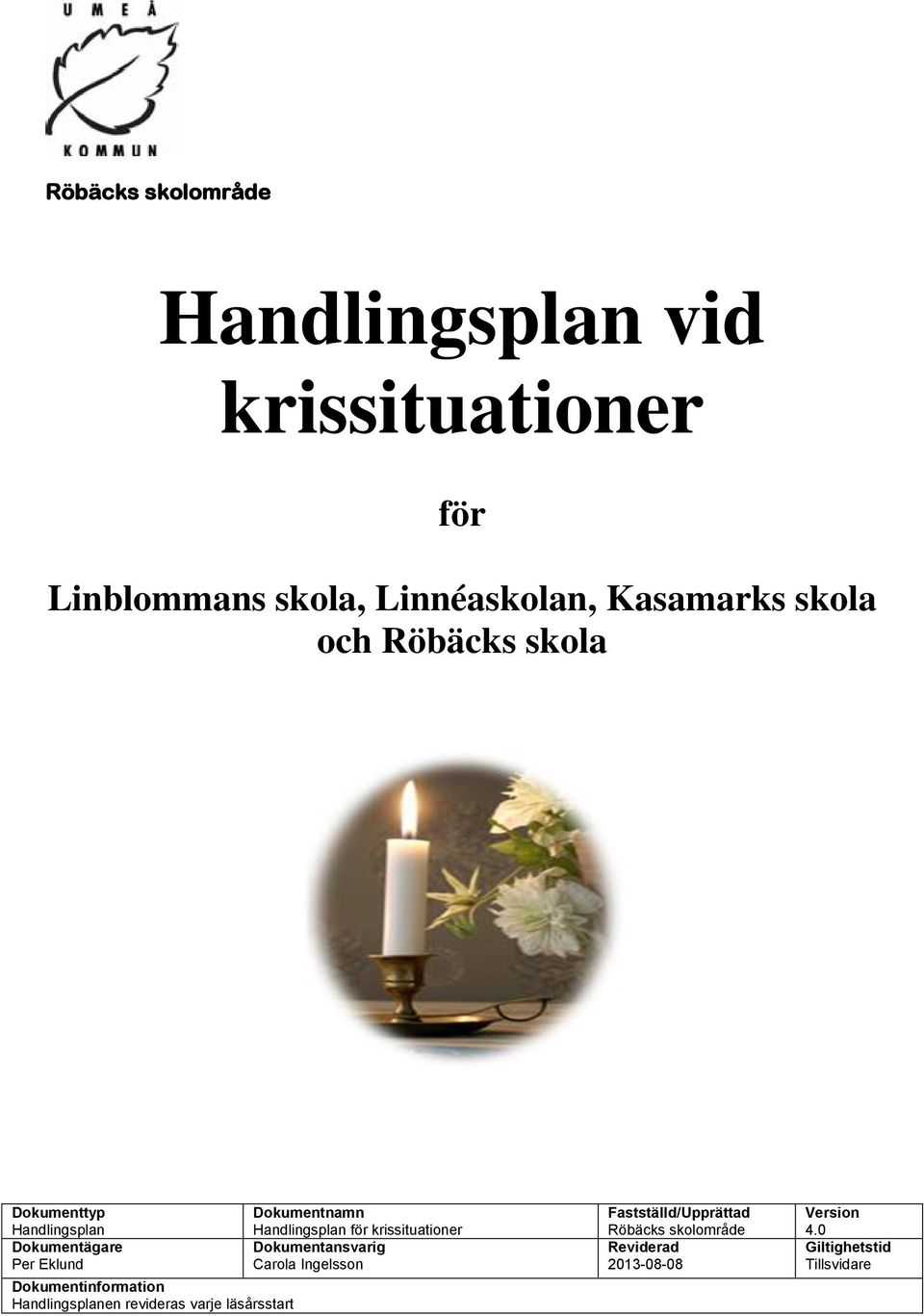 Handlingsplanen revideras varje läsårsstart Dokumentnamn Handlingsplan för krissituationer