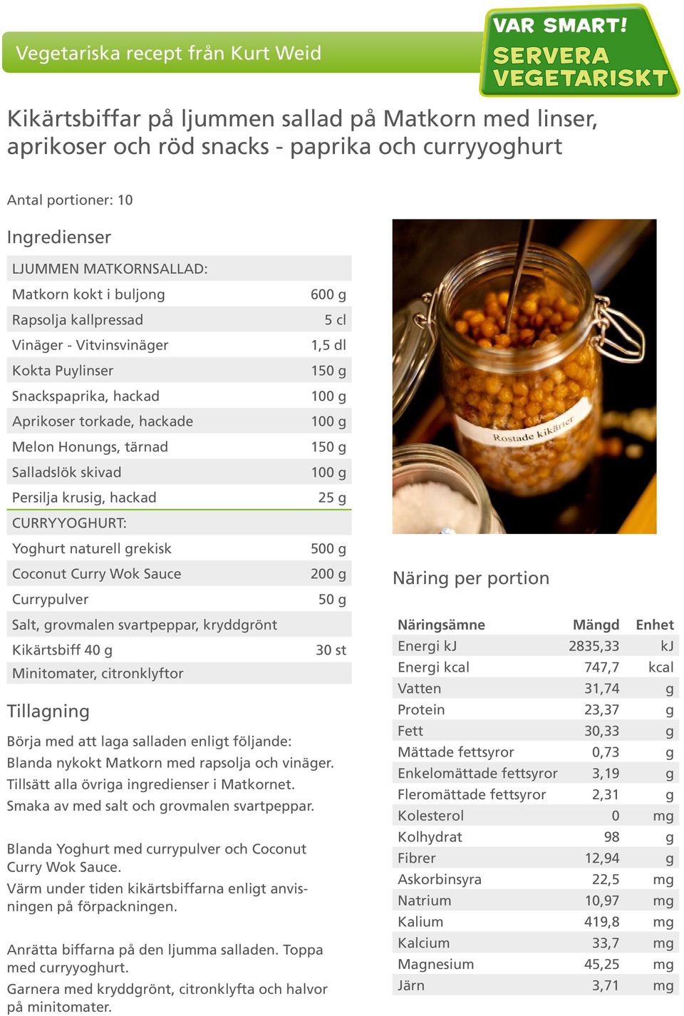 Coconut Curry Wok Sauce Currypulver 500 g Salt, grovmalen svartpeppar, kryddgrönt Kikärtsbiff 40 g Minitomater, citronklyftor Börja med att laga salladen enligt följande: 30 st Blanda nykokt Matkorn