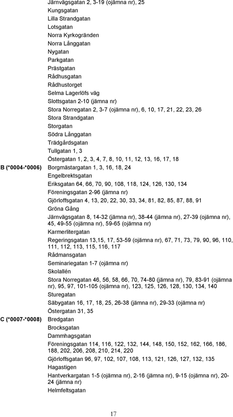 16, 17, 18 B (*0004-*0006) Borgmästargatan 1, 3, 16, 18, 24 Engelbrektsgatan Eriksgatan 64, 66, 70, 90, 108, 118, 124, 126, 130, 134 Föreningsgatan 2-96 (jämna nr) Gjörloffsgatan 4, 13, 20, 22, 30,