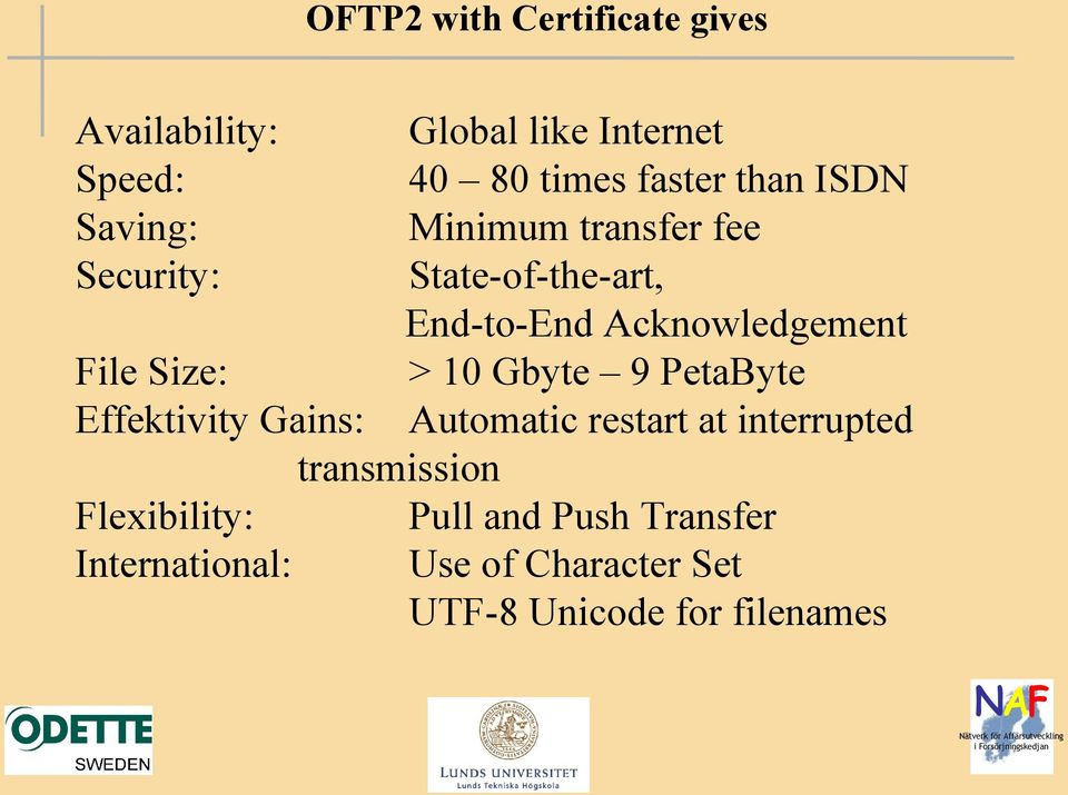 Size: > 10 Gbyte 9 PetaByte Effektivity Gains: Automatic restart at interrupted transmission