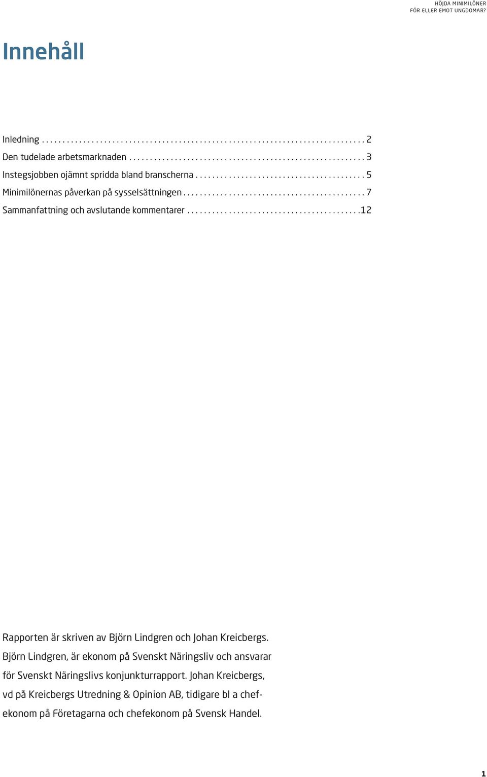 ..12 Rapporten är skriven av Björn Lindgren och Johan Kreicbergs.