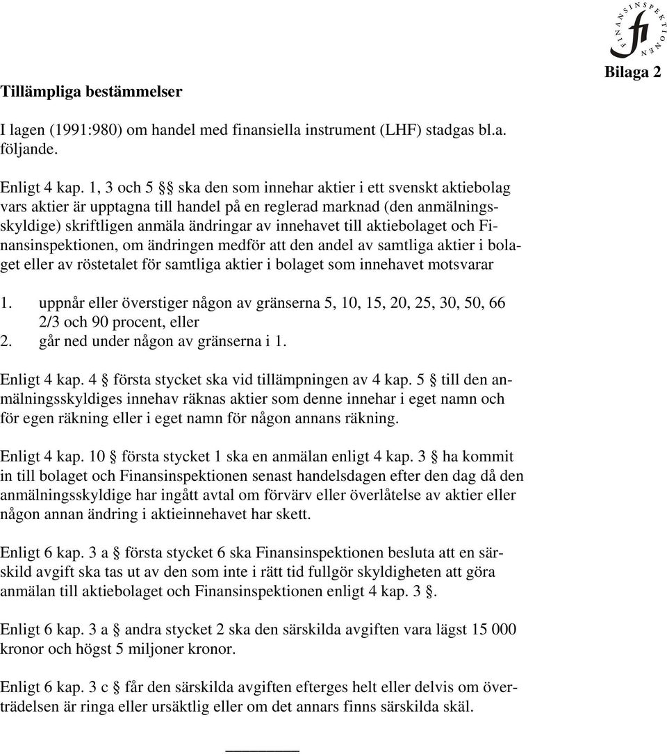 aktiebolaget och Finansinspektionen, om ändringen medför att den andel av samtliga aktier i bolaget eller av röstetalet för samtliga aktier i bolaget som innehavet motsvarar 1.