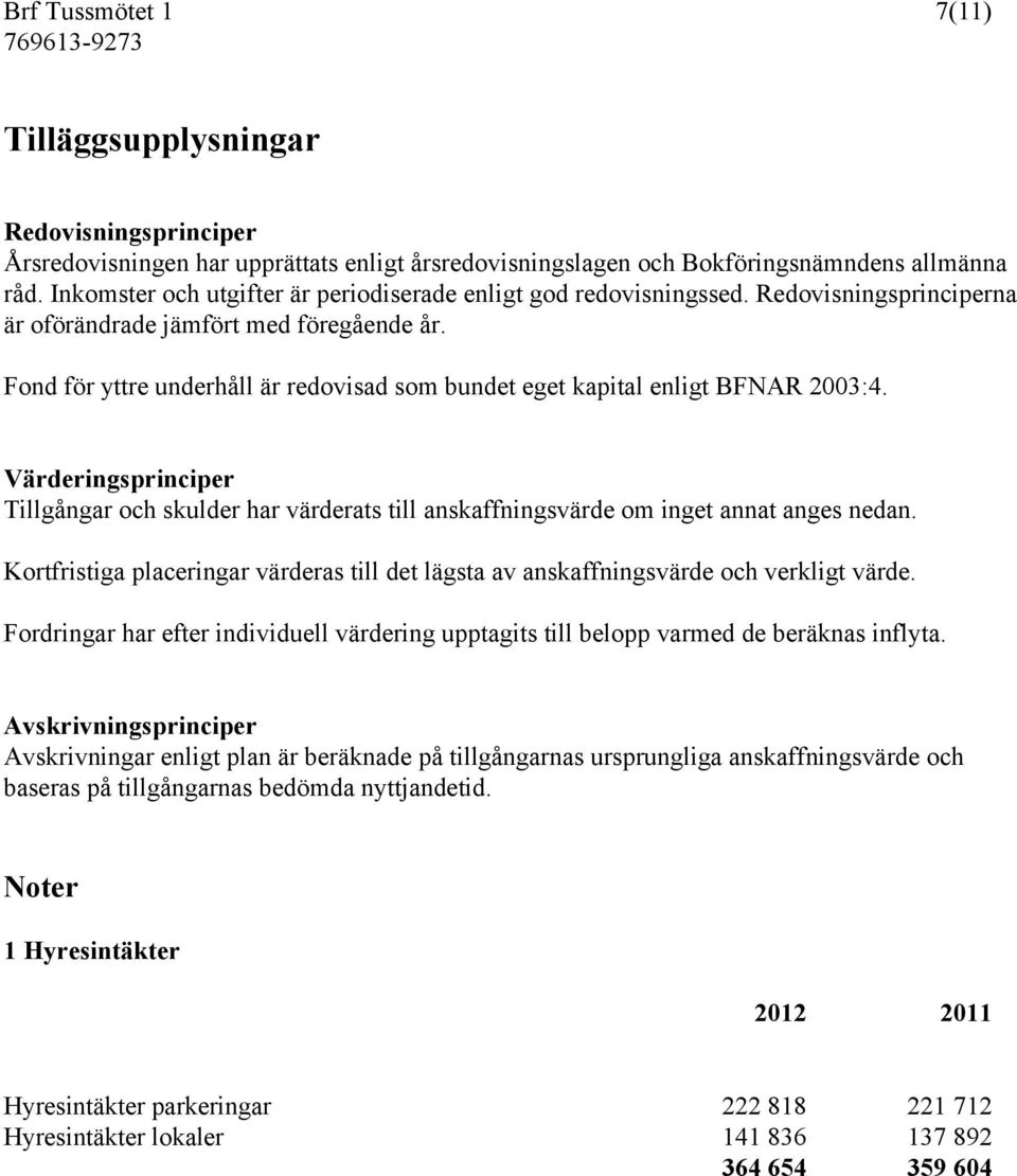 Fond för yttre underhåll är redovisad som bundet eget kapital enligt BFNAR 2003:4. Värderingsprinciper Tillgångar och skulder har värderats till anskaffningsvärde om inget annat anges nedan.