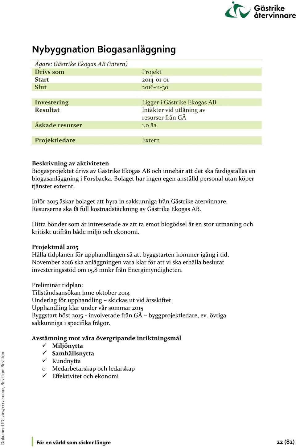 Bolaget har ingen egen anställd personal utan köper tjänster externt. Inför 2015 äskar bolaget att hyra in sakkunniga från Gästrike återvinnare.