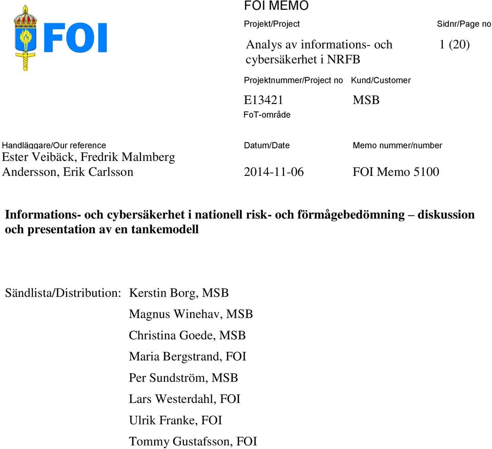 FOI Memo 5100 förmågebedömning diskussion och presentation av en tankemodell Sändlista/Distribution: Kerstin Borg, MSB Magnus