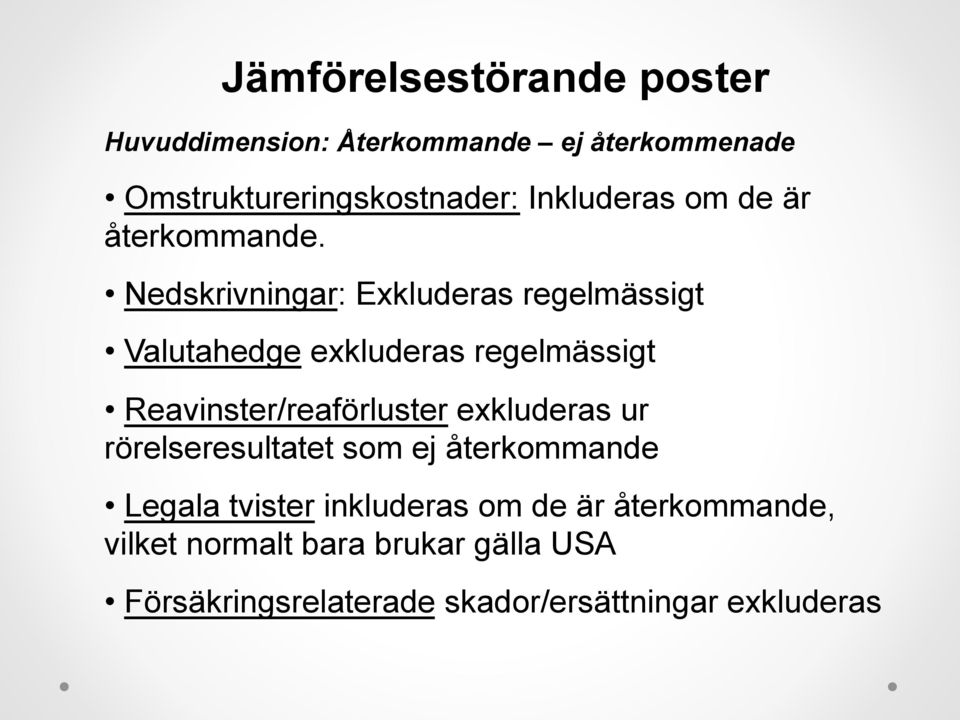Nedskrivningar: Exkluderas regelmässigt Valutahedge exkluderas regelmässigt Reavinster/reaförluster