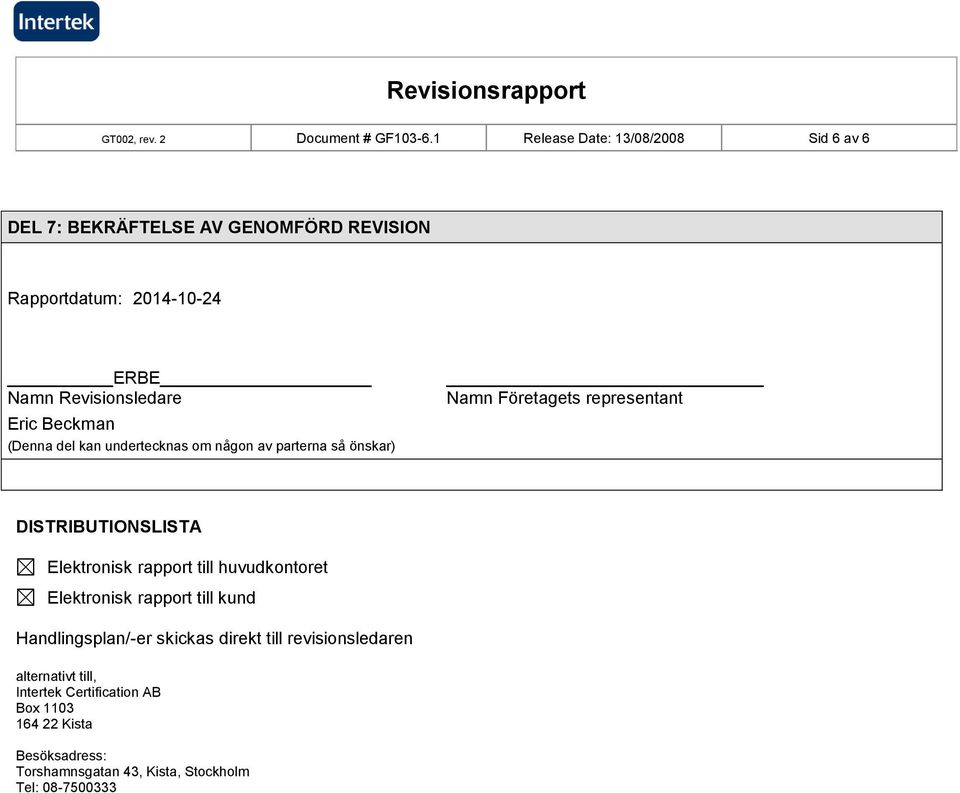 Beckman (Denna del kan undertecknas om någon av parterna så önskar) Namn Företagets representant DISTRIBUTIONSLISTA Elektronisk