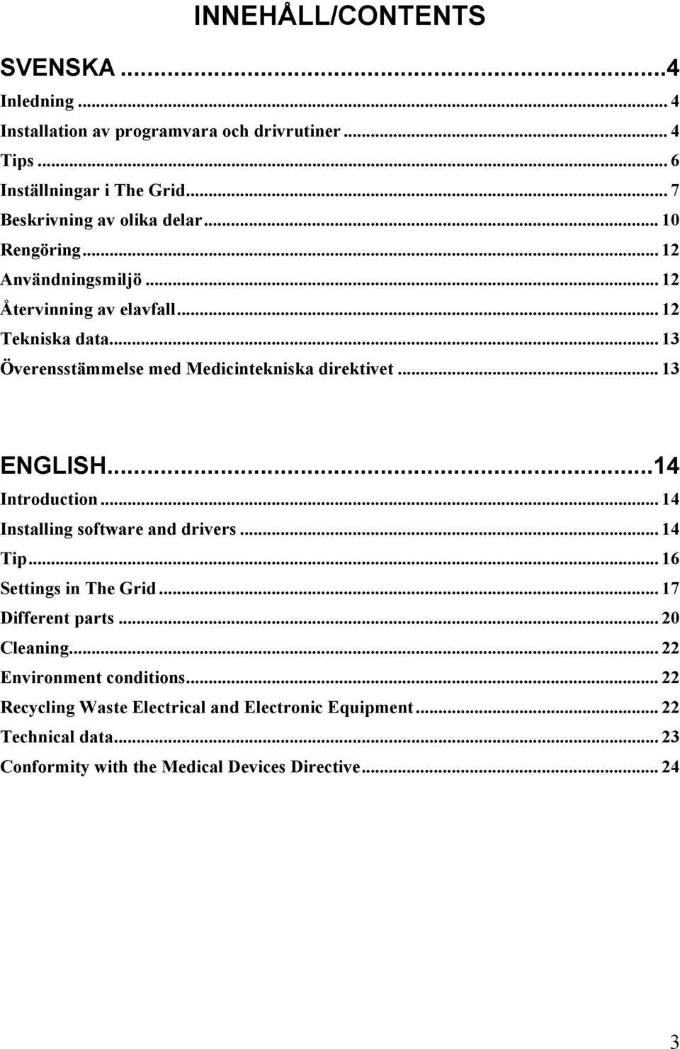 .. 13 Överensstämmelse med Medicintekniska direktivet... 13 ENGLISH...14 Introduction... 14 Installing software and drivers... 14 Tip.