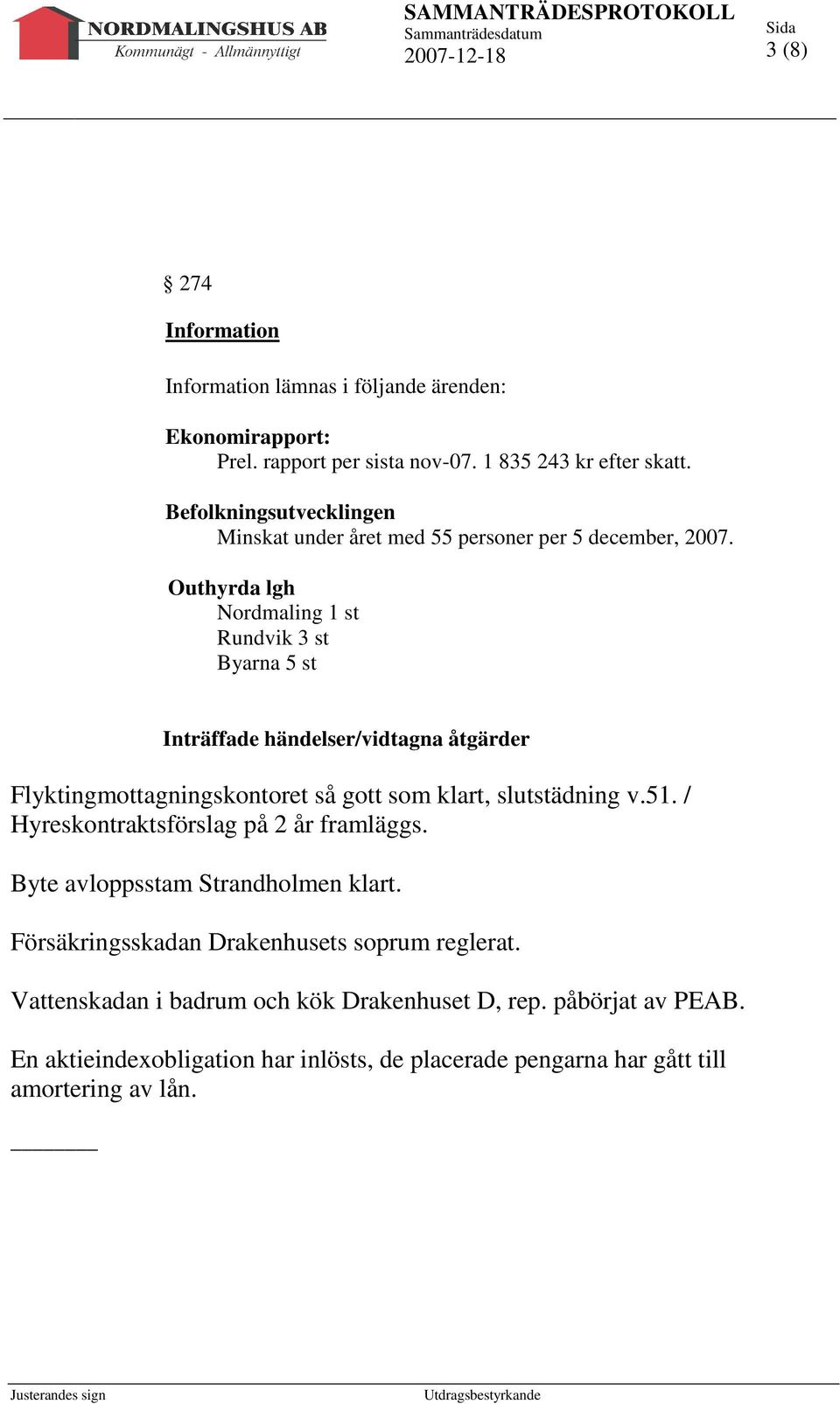 Outhyrda lgh Nordmaling 1 st Rundvik 3 st Byarna 5 st Inträffade händelser/vidtagna åtgärder Flyktingmottagningskontoret så gott som klart, slutstädning v.51.