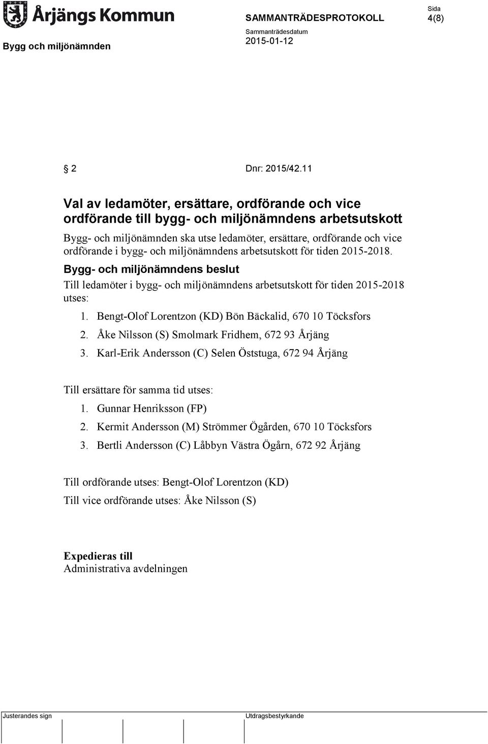 och miljönämndens arbetsutskott för tiden 2015-2018. Till ledamöter i bygg- och miljönämndens arbetsutskott för tiden 2015-2018 utses: 1. Bengt-Olof Lorentzon (KD) Bön Bäckalid, 670 10 Töcksfors 2.