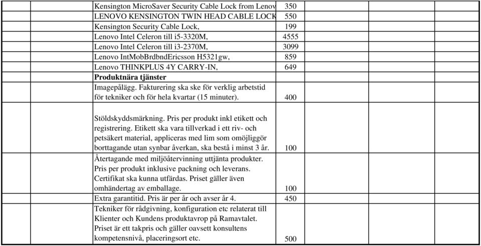 Fakturering ska ske för verklig arbetstid för tekniker och för hela kvartar (15 minuter). 400 Stöldskyddsmärkning. Pris per produkt inkl etikett och registrering.