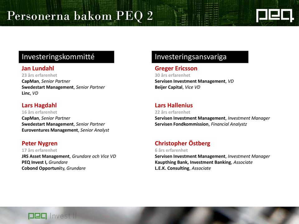 Grundare Investeringsansvariga Greger Ericsson 30 års erfarenhet Servisen Investment Management, VD Beijer Capital, Vice VD Lars Hallenius 22 års erfarenhet Servisen Investment Management, Investment