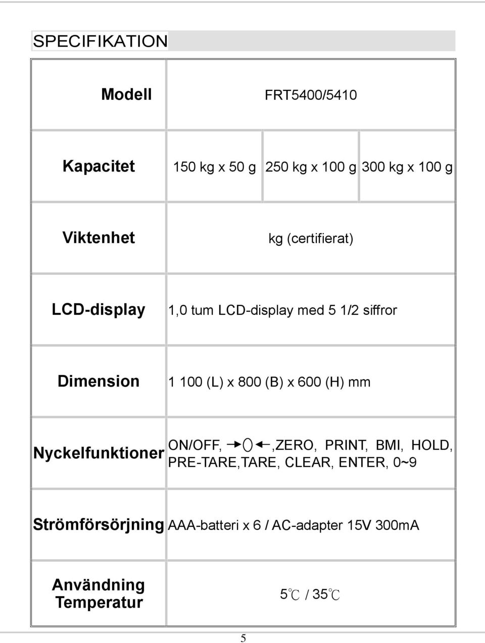 (L) x 800 (B) x 600 (H) mm Nyckelfunktioner ON/OFF,,ZERO, PRINT, BMI, HOLD, PRE-TARE,TARE,