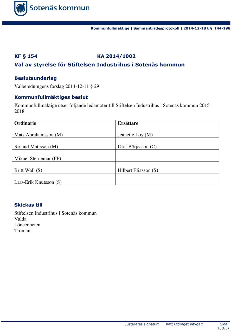 2015-2018 Mats Abrahamsson (M) Roland Mattsson (M) Jeanette Loy (M) Olof Börjesson (C) Mikael Sternemar