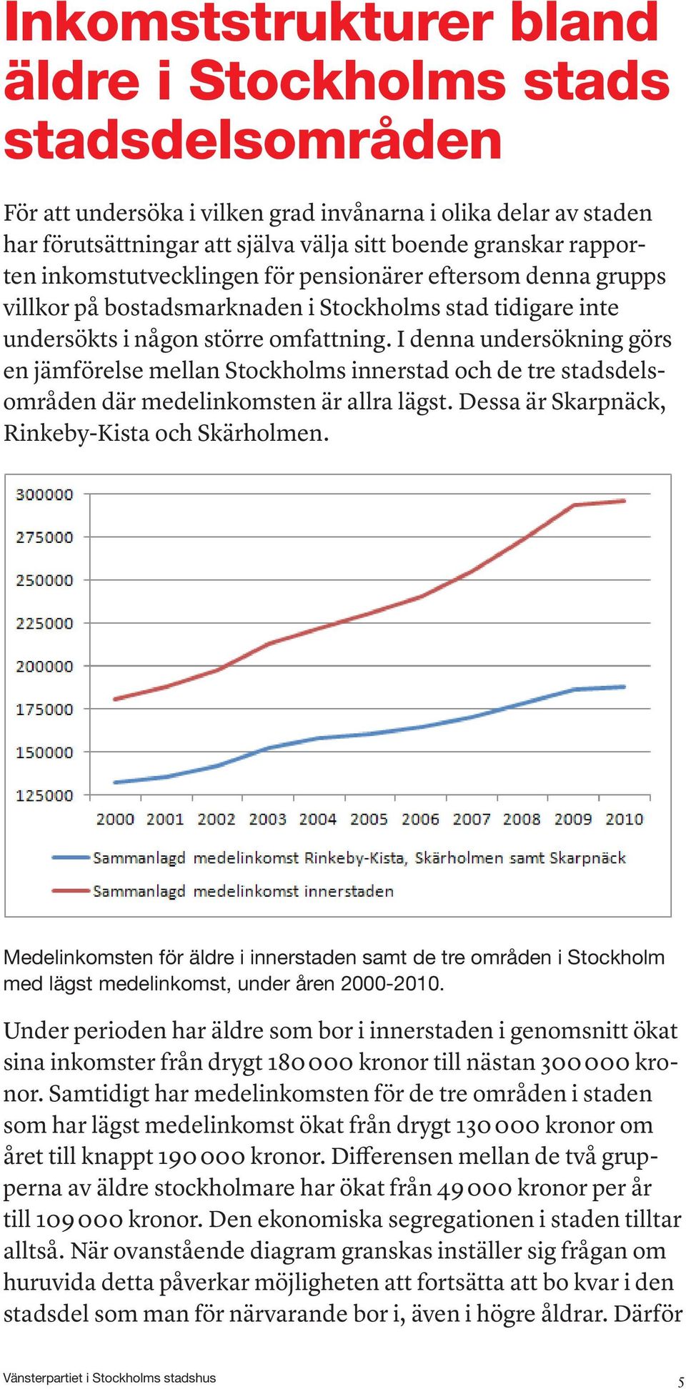 I denna undersökning görs en jämförelse mellan Stockholms innerstad och de tre stadsdelsområden där medelinkomsten är allra lägst. Dessa är Skarpnäck, Rinkeby-Kista och Skärholmen.