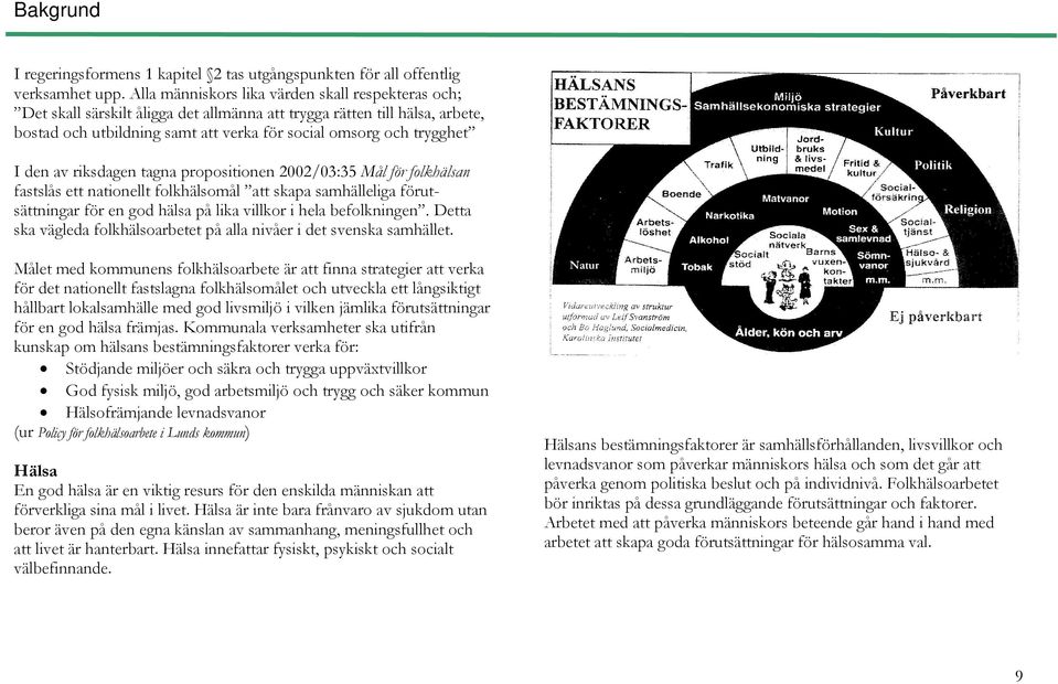 den av riksdagen tagna propositionen 2002/03:35 Mål för folkhälsan fastslås ett nationellt folkhälsomål att skapa samhälleliga förutsättningar för en god hälsa på lika villkor i hela befolkningen.
