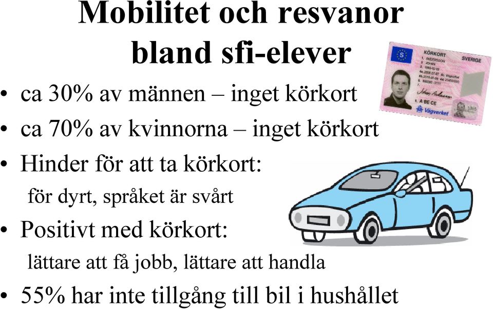 körkort: för dyrt, språket är svårt Positivt med körkort: lättare
