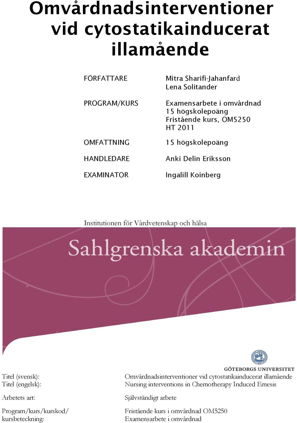 Institutionen för Vårdvetenskap och hälsa Titel (svensk): Titel (engelsk): Arbetets art: Program/kurs/kurskod/ kursbeteckning: Omvårdnadsinterventioner