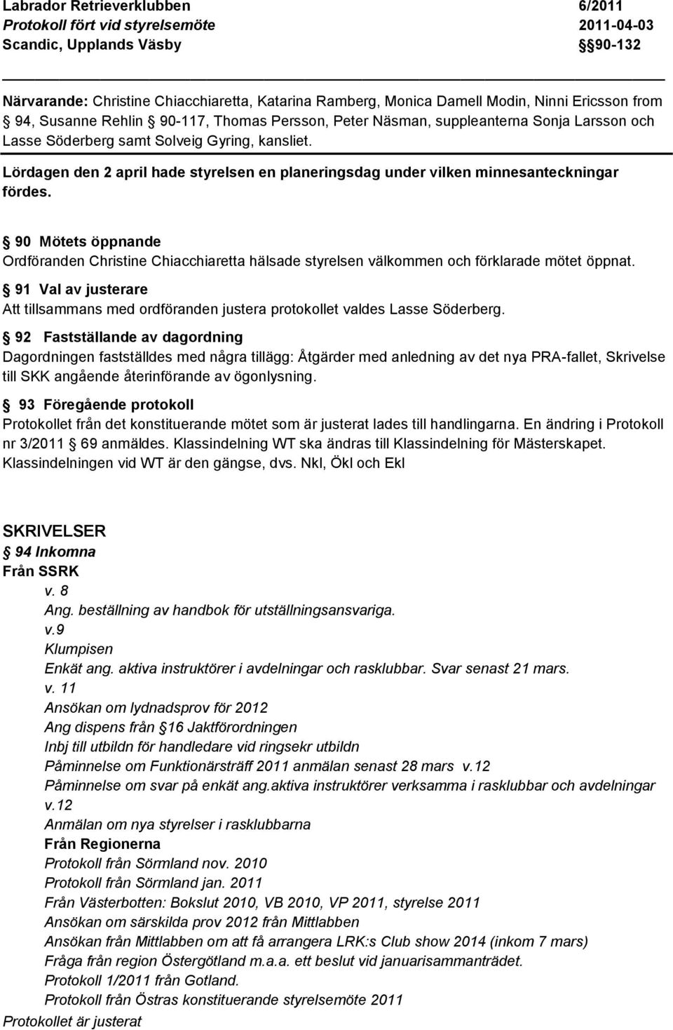 Lördagen den 2 april hade styrelsen en planeringsdag under vilken minnesanteckningar fördes.