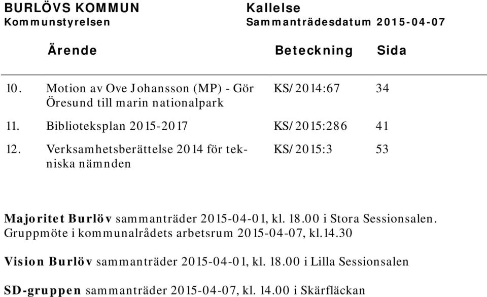 Verksamhetsberättelse 2014 för tekniska nämnden KS/2015:3 53 Majoritet Burlöv sammanträder 2015-04-01, kl. 18.00 i Stora Sessionsalen.