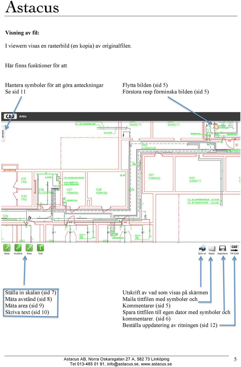 förminska bilden (sid 5) Ställa in skalan (sid 7) Mäta avstånd (sid 8) Mäta area (sid 9) Skriva text (sid 10) Utskrift av vad