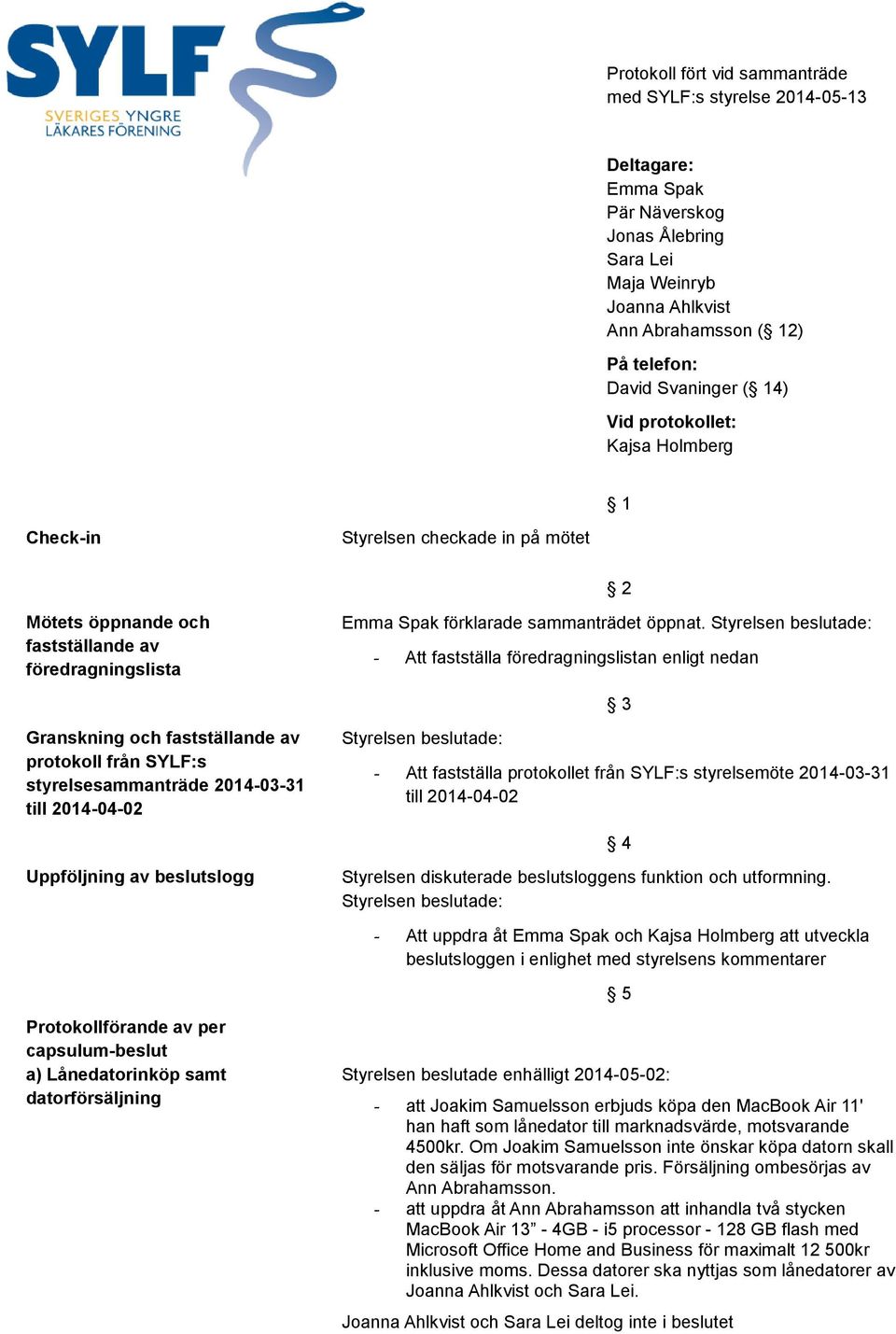 - Att fastställa föredragningslistan enligt nedan 3 Granskning och fastställande av protokoll från SYLF:s styrelsesammanträde 2014-03-31 till 2014-04-02 - Att fastställa protokollet från SYLF:s