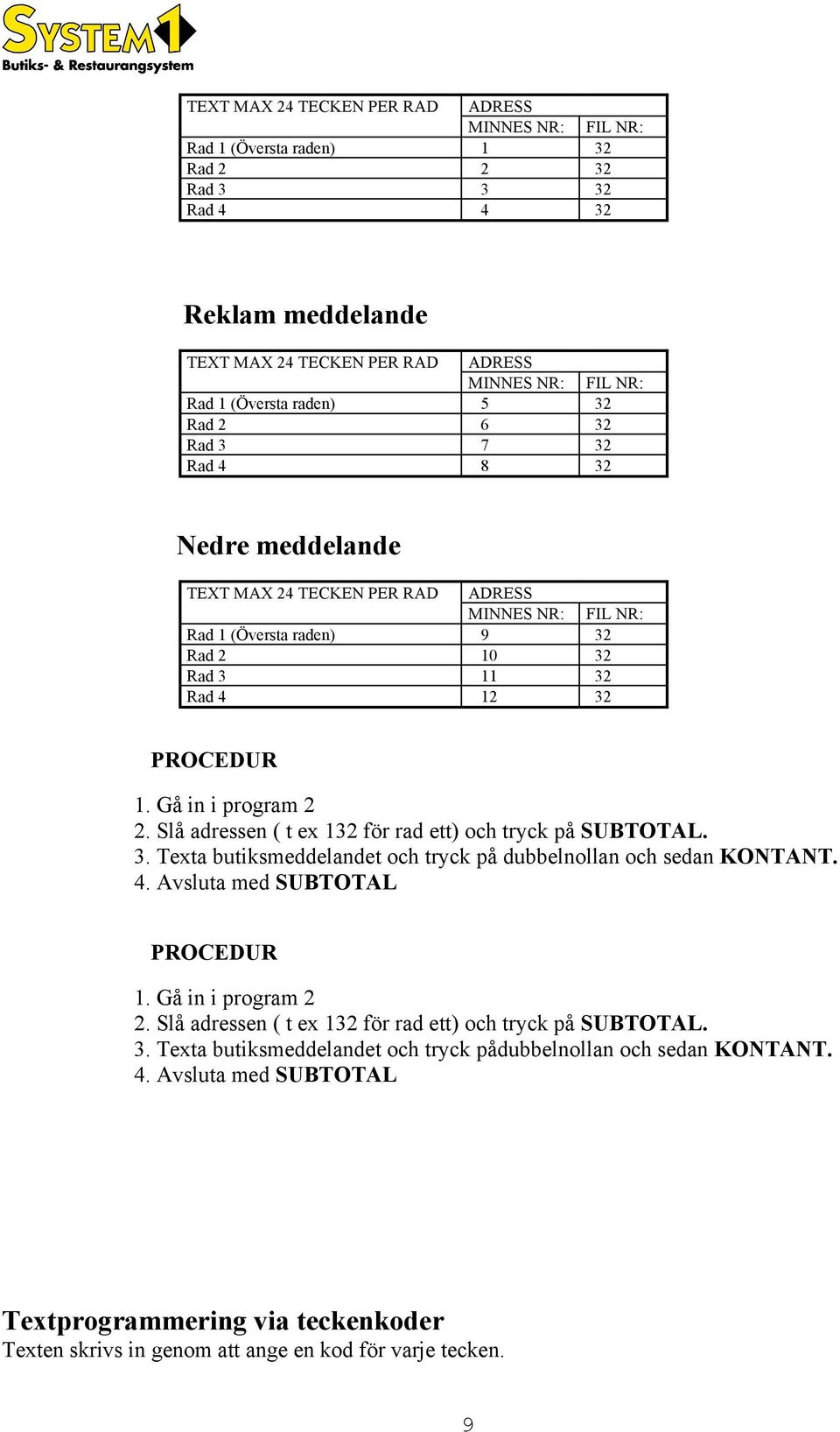 Gå in i program 2 2. Slå adressen ( t ex 132 för rad ett) och tryck på SUBTOTAL. 3. Texta butiksmeddelandet och tryck på dubbelnollan och sedan KONTANT. 4. Avsluta med SUBTOTAL PROCEDUR 1.