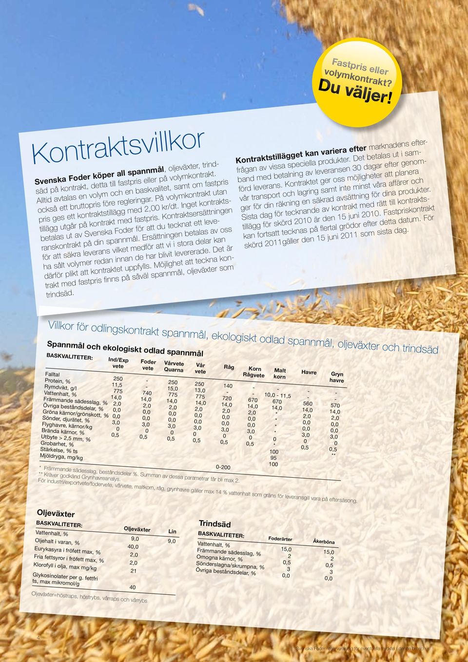Kontraktsvillkor Svenska Foder köper all spannmål, oljeväxter, trindsäd på kontrakt, detta till fastpris eller på volymkontrakt.