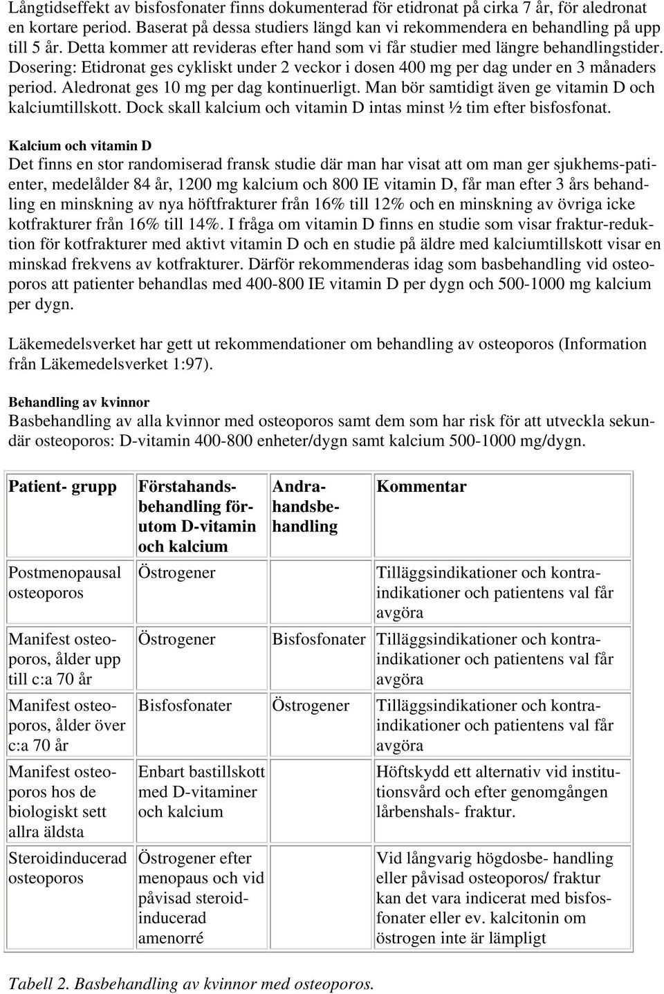 Aledronat ges 10 mg per dag kontinuerligt. Man bör samtidigt även ge vitamin D och kalciumtillskott. Dock skall kalcium och vitamin D intas minst ½ tim efter bisfosfonat.