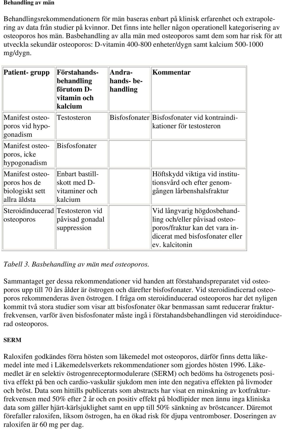 Basbehandling av alla män med osteoporos samt dem som har risk för att utveckla sekundär osteoporos: D-vitamin 400-800 enheter/dygn samt kalcium 500-1000 mg/dygn.