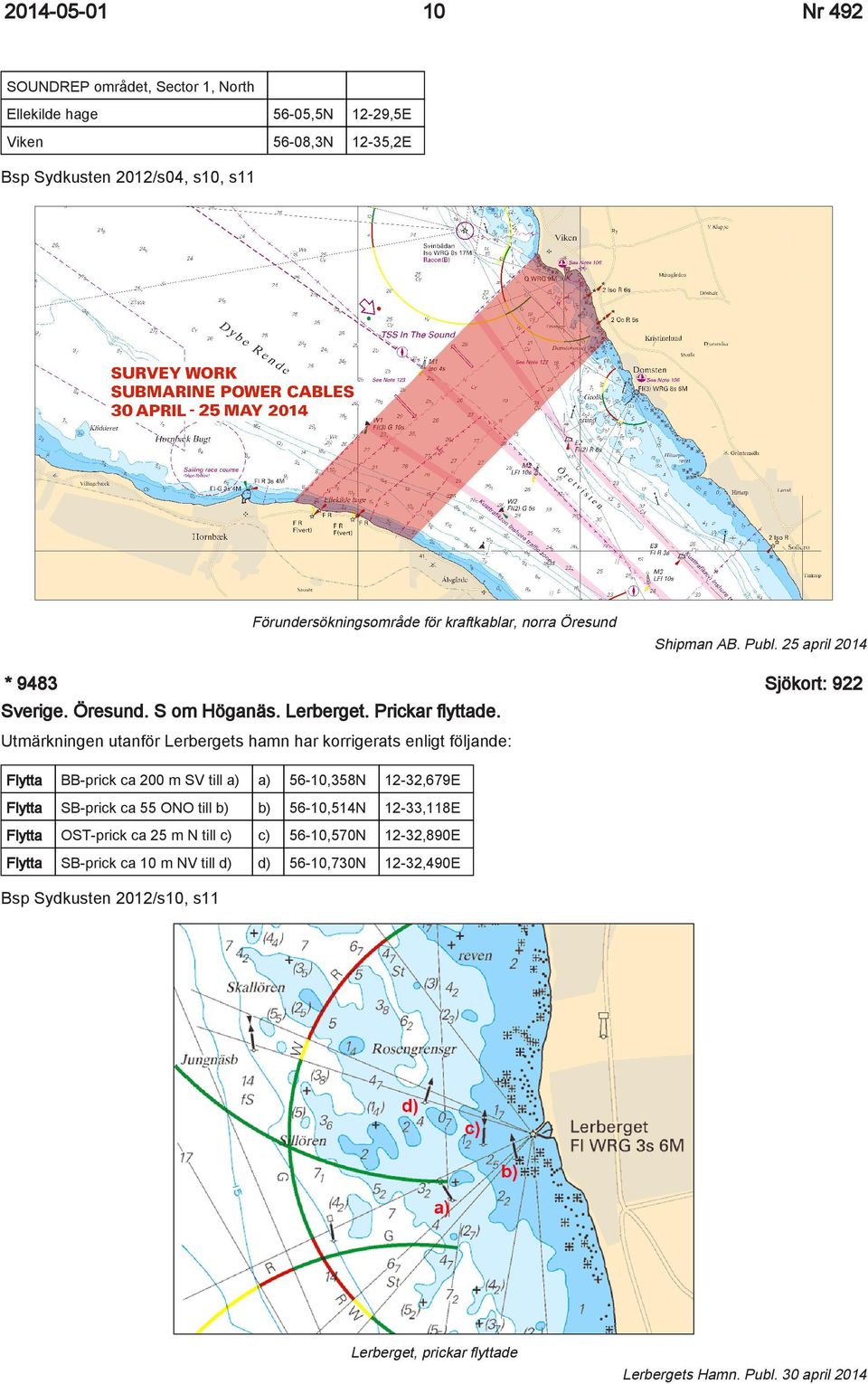 Utmärkningen utanför Lerbergets hamn har korrigerats enligt följande: Flytta BB-prick ca 200 m SV till a) a) 56-10,358N 12-32,679E Flytta SB-prick ca 55 ONO till b) b) 56-10,514N