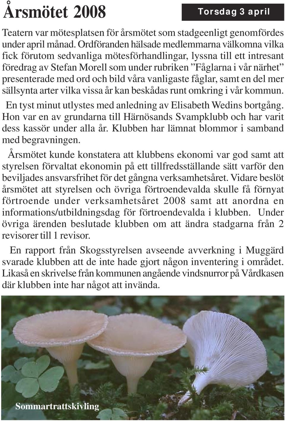 med ord och bild våra vanligaste fåglar, samt en del mer sällsynta arter vilka vissa år kan beskådas runt omkring i vår kommun. En tyst minut utlystes med anledning av Elisabeth Wedins bortgång.