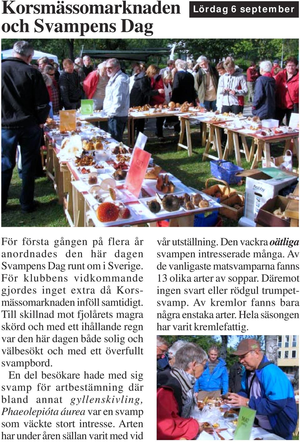 Till skillnad mot fjolårets magra skörd och med ett ihållande regn var den här dagen både solig och välbesökt och med ett överfullt svampbord.