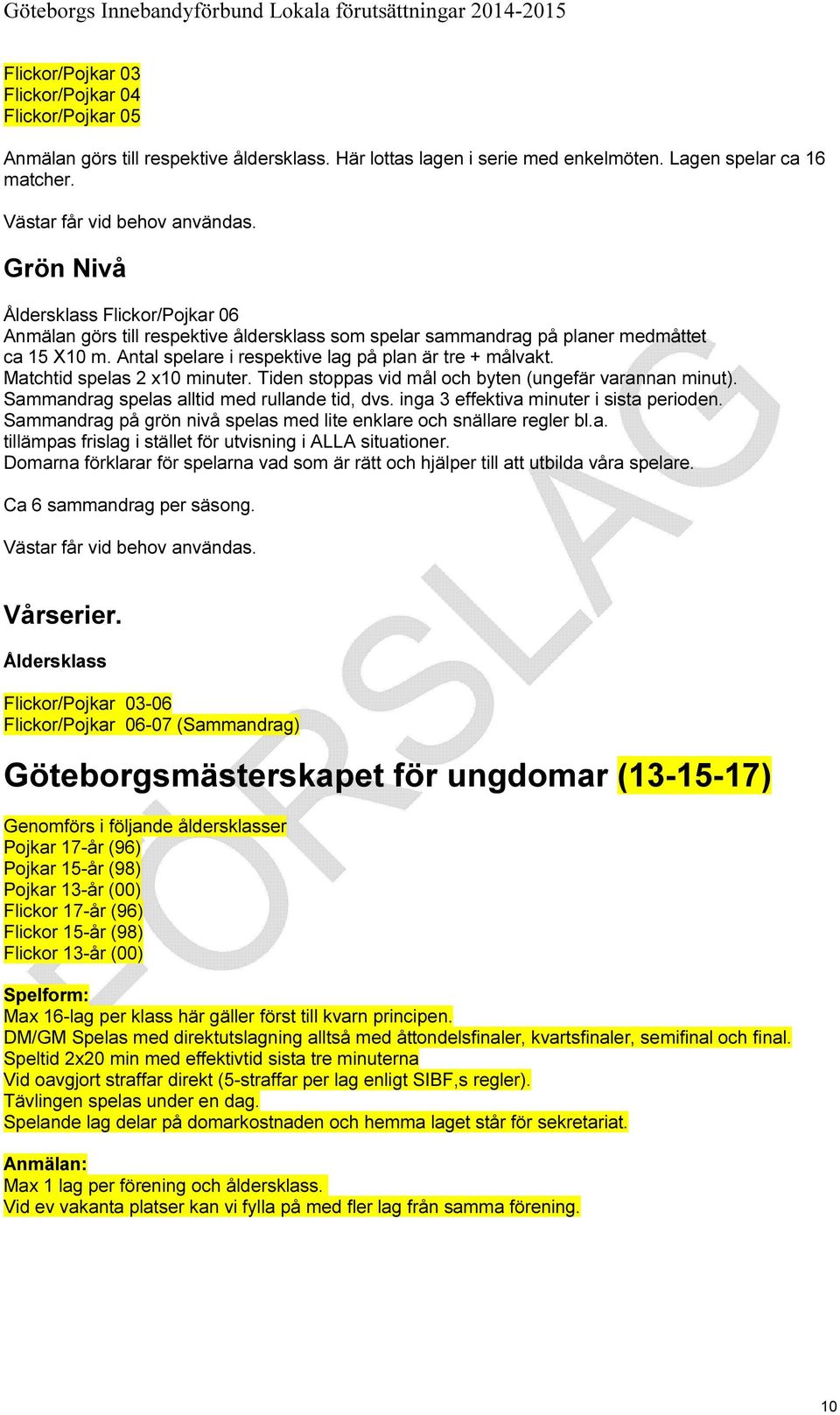 Matchtid spelas 2 x10 minuter. Tiden stoppas vid mål och byten (ungefär varannan minut). Sammandrag spelas alltid med rullande tid, dvs. inga 3 effektiva minuter i sista perioden.